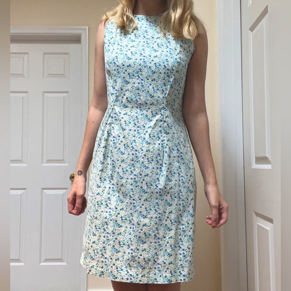 Vintage white sheath dress with blue and green flowers, AGB Dress